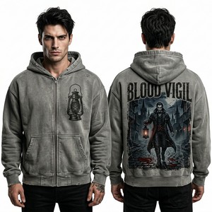 Custom Grey Acid Wash Hoodie Vintage Streetwear Graphic Print Pullover High Gsm Heavyweight Fleece Hooded Sweatshirt Wholesale - Product Image 1