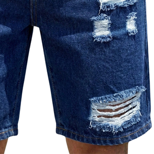 <b>Mens</b> Dark Blue Denim Shorts Regular Fit Mid Breathable Distressed <b>Ripped</b> Casual Five Pocket Cotton Summer Streetwear Fashion - Product Image 5