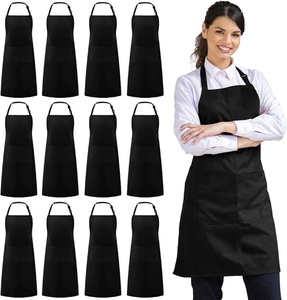 Tablier noir avec poches, style vêtement de travail, tissu tissé, coupe classique, couleur unie, unisexe, pour la cuisine - Product Image 1