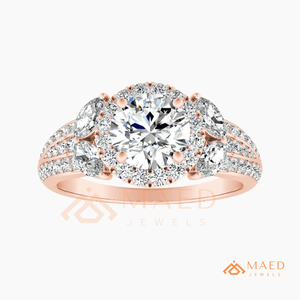 Round Cut Moissanite Halo Engagement <b>Ring</b> Rose Gold Plated Three Stone <b>Split</b> Shank Pave Band Wedding <b>Ring</b> Jewelry Gift - Product Image 5