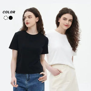 T-shirt uni à manches courtes pour femme, coupe ajustée, style coréen, nouvelle collection été, en fibre de polyester de qualité supérieure, col rond, longueur courte - Product Image 1