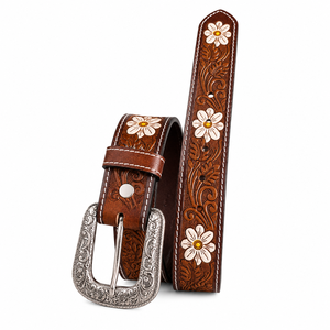 Premium Handcrafted Genuine <b>Leather</b> Belt for Men Floral <b>Tooled</b> Belt with Daisy Concho Accents - Product Image 1