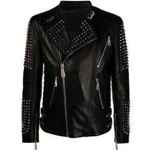 แจ็คเก็ตหนังแท้ผู้ชายรุ่นใหม่ล่าสุดจากผู้ผลิต สไตล์ร็อคพังก์ ประดับหนามแหลม หนังวัวแท้ ใส่ได้สองด้าน ระบายอากาศได้ดี - Product Image 4