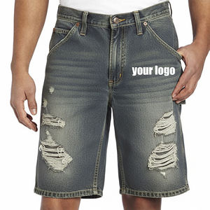 Pantalones Cortos Vaqueros Personalizados con Logotipo Bordado y Pedrería, Estilo Urbano Casual Vintage, Rotos hasta la Rodilla - Product Image 1