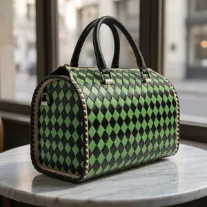 Vintage Women's <b>Handbag</b> Genuine Leather Bags Shoulder Bags Checkered Pattern Leather <b>Handbags</b> for Women - Product Image 2
