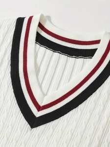 Chaleco de Punto Trenzado con Cuello en V para Hombre, Estilo Preppy Británico, Chaleco Deportivo sin Mangas, con Ribete a Rayas en Contraste, Informal - Product Image 3
