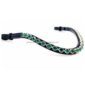 Bandeau cuir véritable noir pour cheval, avec chaîne scintillante en perles vertes émeraude, boucles réglables, tendance, 2 pièces - Product Image 2