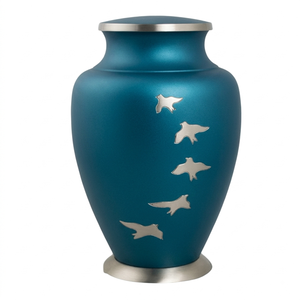 Urna Funeraria de Aluminio para Adultos con Grabado de Pájaros en Plumas, Acabado en Plata y Azul Turquesa, Urna de Metal Resistente para Cenizas - Product Image 1