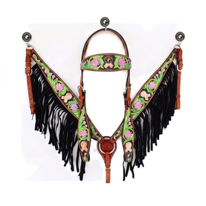 Western Leather Comfortable Durable Headstall Breast Collar & Reins <b>Set</b> <b>Beaded</b> Inlay Brown Fringe Crystal Conchos Horse - Product Image 1