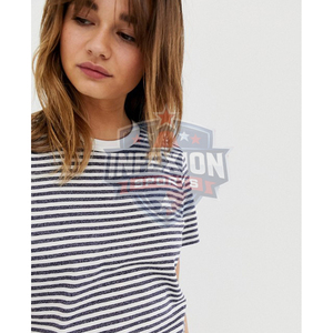 Camiseta de Manga Corta con Cuello Redondo y Rayas para Mujer, Corte Regular, Algodón Jersey, Estilo Casual, Ajuste Delgado, para Todas las Temporadas - Product Image 3