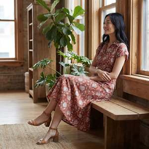 Robe midi trapèze en coton à imprimé floral rouge pour femme, avec empiècements, en tissu léger, style moderne, coupe confortable - Product Image 3