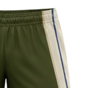 Shorts de netball unisexe vert olive et blanc sublimés, en polyester, coupe athlétique, vêtements de sport avec panneau latéral rayé, tenue de performance pour équipe - Product Image 4