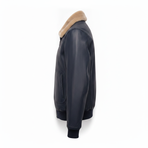 Chaqueta Bomber de Cuero Azul Marino para Hombre con Cuello de Piel, Cierre de Cremallera, Cuello Camisero, Ropa de Invierno - Product Image 4