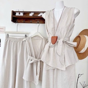 Custom Made Lightweight <b>Linen</b> Blend Solid Casual Eco-Friendly Breathable V Neck Women Two Piece Outfit <b>Set</b> - Product Image 4