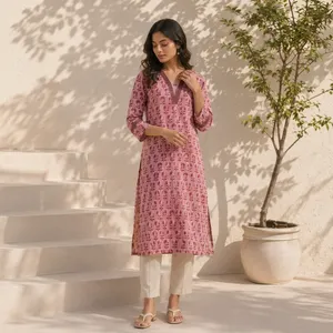 Kurti rose à imprimé floral pour femme, col en V, manches trois quarts, coupe droite, tunique ethnique, décontractée, élégante, confortable, à porter au quotidien - Product Image 4