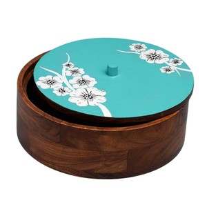 Handcrafted Mango Wood Roti <b>Box</b> with <b>Floral</b> Printed Lid Eco-Friendly Wooden Chapati Casserole for Kitchen & Dining Hot Pot - Product Image 1