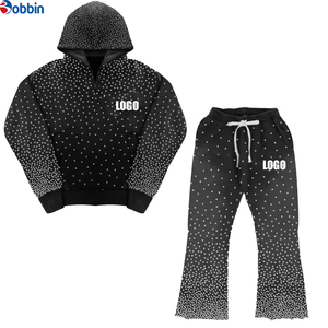 Conjunto de moda: Sudadera con capucha unisex de corte regular con pedrería y pantalones acampanados para hombre, diseño 2 en 1 de tela gruesa y elástica. - Product Image 4