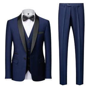 Costume trois pièces bleu pour homme, coupe ajustée, revers cranté, blazer, gilet et pantalon, infroissable, pour affaires, mariage et tenue formelle, pour adultes - Product Image 5