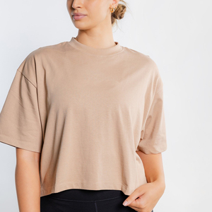 Top Corto de Alta Calidad, 210 g/m², 100% Algodón, Corte Holgado, Color Sólido, Manga Corta, Cuello Redondo, para Mujer - Product Image 6