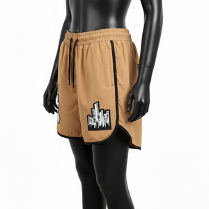 Shorts coupe-vent pour femmes en polyester beige et noir avec panneaux latéraux, broderie personnalisée, logo par transfert thermique - Product Image 3