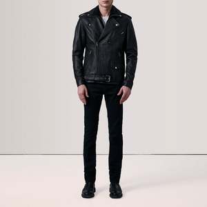 Chaqueta de Cuero Negra Personalizada para Hombre, Estilo Motero, con Cinturón, Chaqueta de Cuero Asimétrica para Motocicleta, Chaqueta de Cuero Genuino de Alta Calidad al por Mayor - Product Image 1