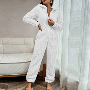 Pijama enterizo con capucha para mujer, de manga larga, color liso, de forro polar tejido, con cremallera, ropa cómoda para estar en casa, ropa de invierno - Product Image 2