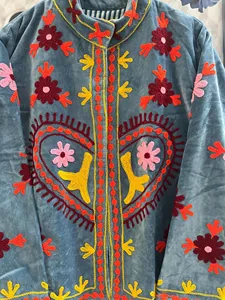 Vintage Light Blue <b>Velvet</b> Suzani Embroidered <b>Jacket</b> With Floral Pattern Stand Collar Full Sleeve Autumn <b>Women's</b> Blouson Coat - Product Image 6