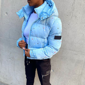 Veste matelassée à capuche bleu clair avec imprimé à pois, fermeture éclair, manteau d'hiver décontracté, longueur courte, rembourrage en polyester - Product Image 5