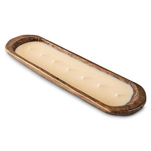 Longue bougie en bois avec remplissage en cire crémeuse et plusieurs mèches espacées uniformément dans un design minimaliste et moderne. - Product Image 1