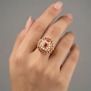 Anillos de Cóctel con Perlas Jadau Indias al por Mayor para Mujer, Joyería de Moda Ajustable Chapada en Oro Kundan Tradicional - Product Image 2