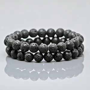 Natural Black Lava Stone 8mm Smooth Round Gemstone Beads <b>Stretch</b> <b>Bracelet</b> Healing Jewelry Wholesale - Product Image 1