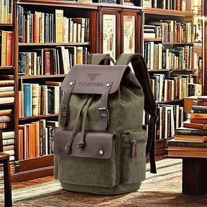 กระเป๋าเป้สะพายหลังผ้าแคนวาสวินเทจพร้อมขอบหนังความจุขนาดใหญ่สไตล์ทหารกระเป๋าเป้สะพายหลังทัวร์เทียร์ เรโทรกระเป๋าเดินทางสำหรับผู้ชายและผู้หญิง - Product Image 1