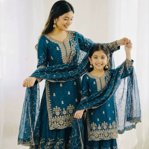 ชุดคุर्ติผ้าไหมดีไซน์เนอร์ GMY สำหรับผู้หญิงและเด็กผู้หญิง พร้อมกางเกงปาลาซโซปักลายและผ้าคลุมไหล่ – ชุดสำหรับครอบครัวในช่วงเทศกาล - Product Image 1