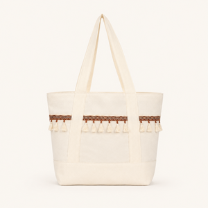 Luxury Cotton <b>Canvas</b> Bohemian Style Shoulder Tote <b>Bag</b> Tassel Lace Eco Friendly Lightweight Reusable Shopping Travel Daily Carry - Product Image 1