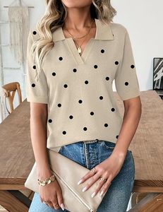 Polo de Punto de Manga Corta con Estampado de Lunares Beige para Mujer, Top Informal - Product Image 3