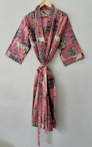 ชุดกิโมโนผ้าฝ้ายพิมพ์ลายสัตว์ซาฟารีแบบแฮนด์บล็อกสุดหรู แขนยาว ใส่ได้ทั้งกลางวันและกลางคืนสำหรับผู้หญิง - Product Image 2