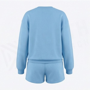 Conjunto de 2 Piezas para Mujer, Sudadera y Pantalones Cortos de Punto Azul Sólido, Cuello Redondo, Corte Holgado, Estilo Casual, Largo por Encima de la Rodilla, Primavera Verano - Product Image 2