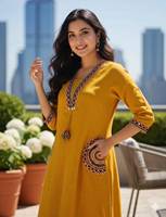 Kurta en coton brodé jaune pour femme, robe midi ample de style ethnique, décontractée, style indien pakistanais, manches trois quarts