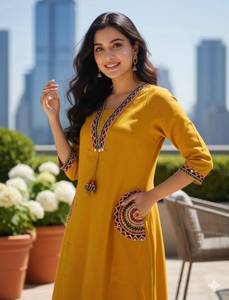 Yellow Embroidered Cotton <b>Kurta</b> <b>Women</b> Ethnic Loose Fit Midi Dress Summer Casual Indian Pakistani Style Three Quarter Sleeve - Product Image 1