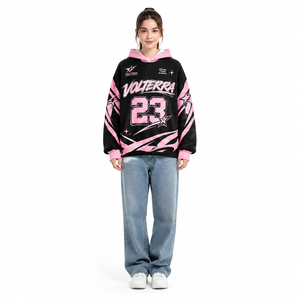 OEM Custom Oversized <b>Y2K</b> Graphic Hoodie Black and Pink <b>Streetwear</b> Heavy Print Drop Shoulder Pullover Manufacturer - Product Image 1