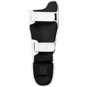 Protège-tibias en cuir blanc rembourrés EVA+FOAM, bandes noires, fermeture auto-agrippante, équipement de protection léger pour boxe, unisexe adulte - Product Image 2