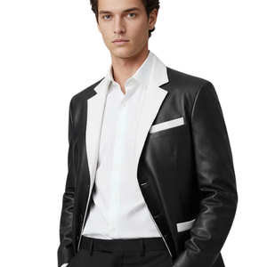 <b>Men's</b> <b>Black</b> Genuine Leather Blazer Peak Lapel Single Breasted Formal <b>Suit</b> <b>Jacket</b> - Product Image 4