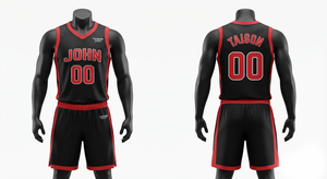 Uniforme de basketball unisexe en maille respirante 100 % polyester 160 GSM de qualité supérieure, noir avec panneau latéral rouge et logo personnalisé sur le devant - Product Image 1