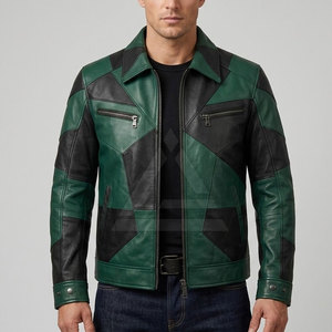 Veste Moto Homme en Cuir Véritable Color Block Respirante Écologique Style Streetwear Patchwork Col Zippé Vert – Vente en Gros - Product Image 5