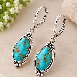 Muhave Turquoise <b>Silver</b> <b>Dangle</b> <b>Earrings</b>, 925 Sterling <b>Silver</b> Turquoise <b>Earrings</b>, Oval Blue Gemstone Drop <b>Earrings</b>, Boho Southwes - Product Image 4