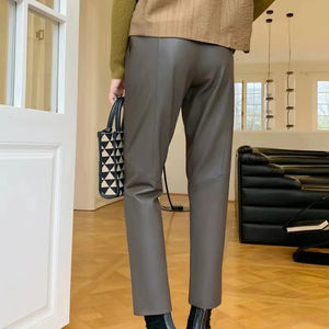 กางเกงหนังแท้หนังแกะสำหรับผู้หญิงเอวยางยืดมีเชือกผูกสีดำ/สีเทากางเกงทรงดินสอขาตรง - Product Image 3