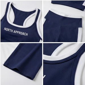 North Approach 2 Piece Yoga Set Racerback Crop Top Full Length Pants Solid Navy Contrast Binding Breathable Women's Sportswear - Product Image 4