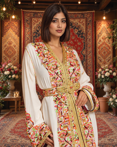 Caftan marocain blanc en velours prune, élégant, brodé à la main, col en V, longueur maxi, manches longues, ourlet évasé, coupe ample, robes pour femmes musulmanes - Product Image 5