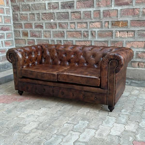 Vintage Distressed Brown Leather <b>Sofa</b> <b>Wood</b> <b>Frame</b> Eco-Friendly L-Shape Deep Button Tufting Rolled Arms Nailhead Trim Classic - Product Image 3