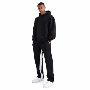 Conjunto Deportivo con Capucha para Hombre, Color Negro Sólido, Corte Holgado, 100% Algodón, Ropa Casual de Otoño con Bolsillos Laterales y Cintura Elástica - Product Image 2